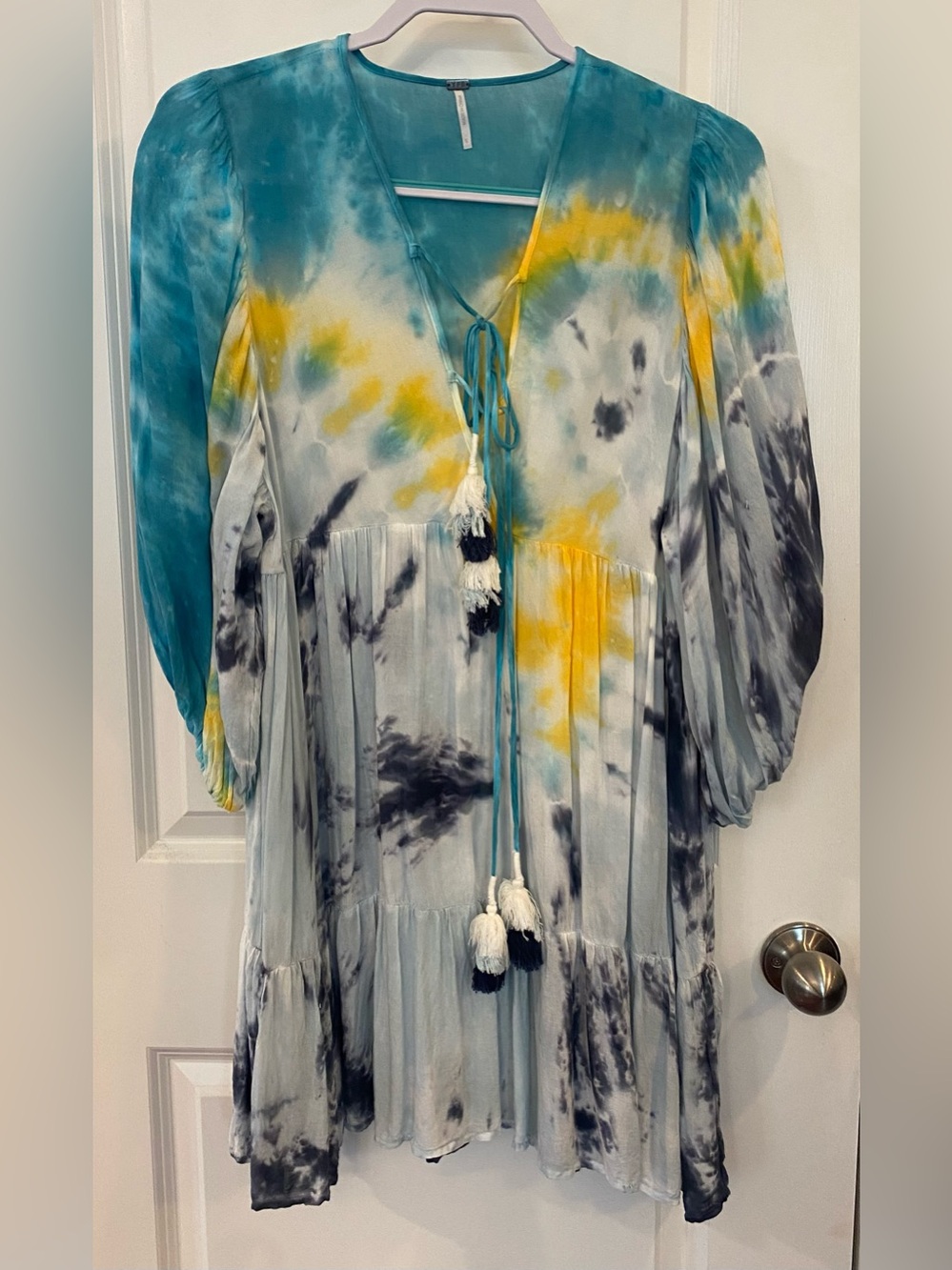 YFB Dress Cover Up Sz S Blue/Yellow Tie Dye Tie V-neck 3/4 Sleeves W/Elastic